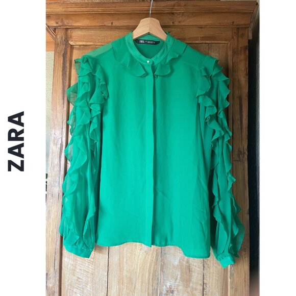Zara Tops - 🔥 New  Zara  I  Emerald Green Long Sleeve Ruffled Chiffon Shirts  I  Size S